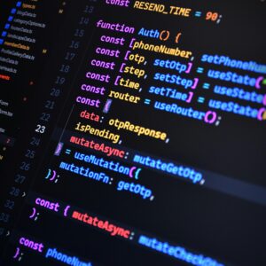 Vibrant JavaScript code on a screen showcasing front-end development with syntax highlighting.